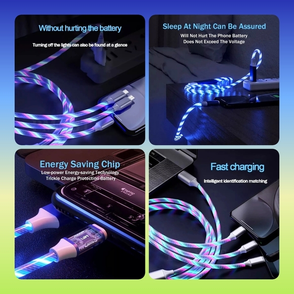 5/25 blue or Red light up LED Micro USB type C iphone samsung charger 3-in-1 - Picture 5 of 9